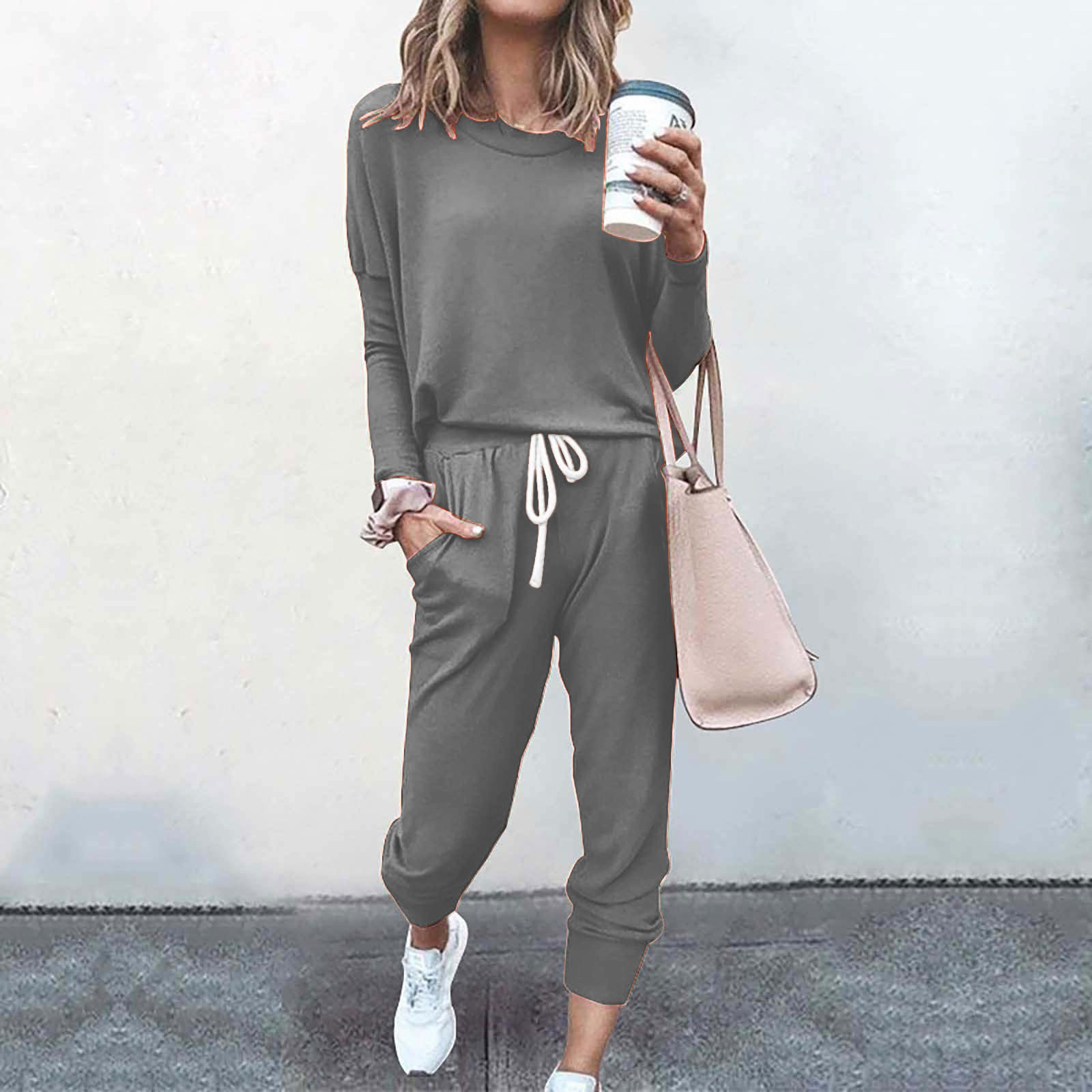 thumbnail image 2 of Conjunto de jogging de 2 piezas para mujer: camiseta de manga larga y pantalones de chándal con cordón. Conjunto informal de poliéster para todas las estaciones., 2 of 4